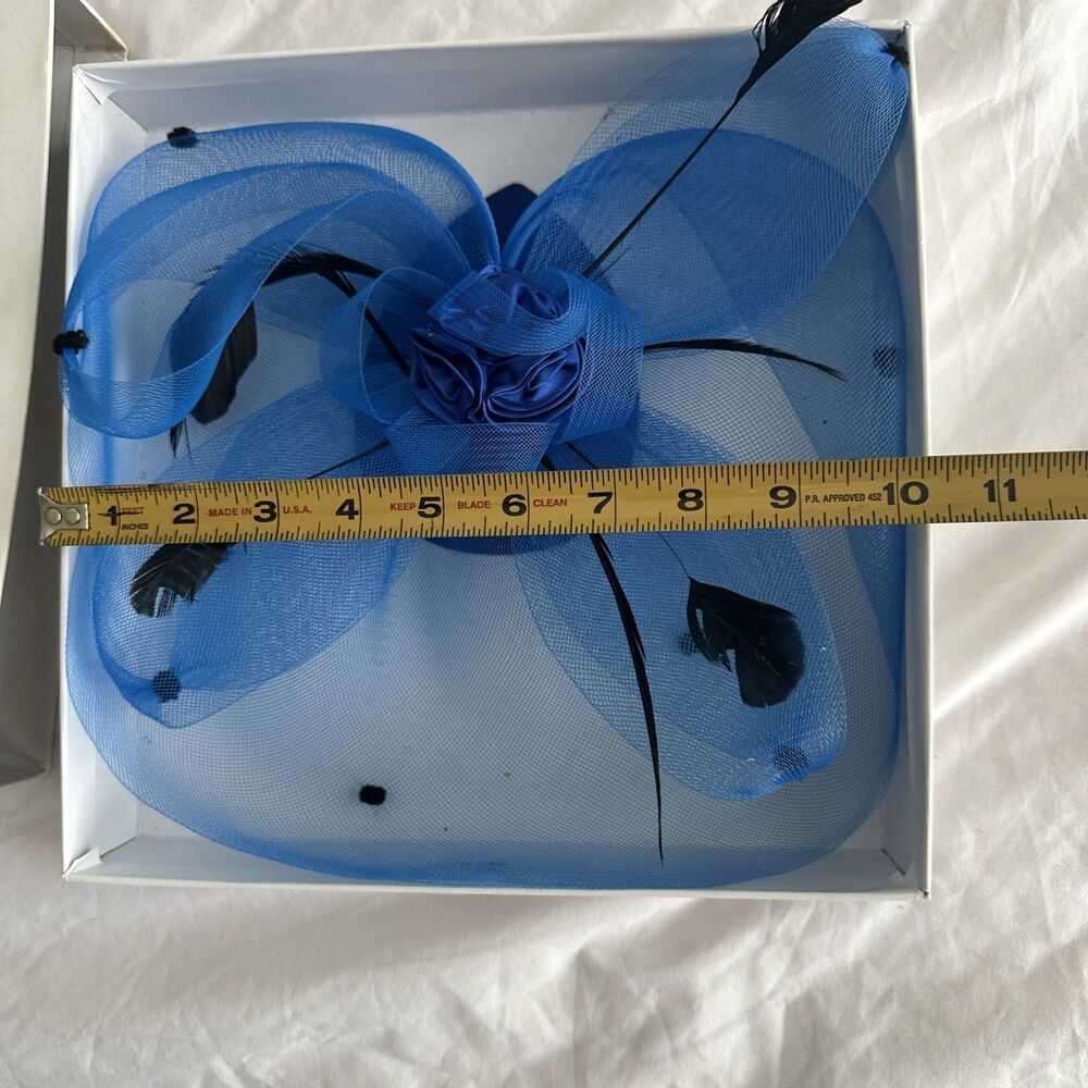 Blue Fascinator Black Feathers Mesh Netting Wedding Races - Picture 9 of 10